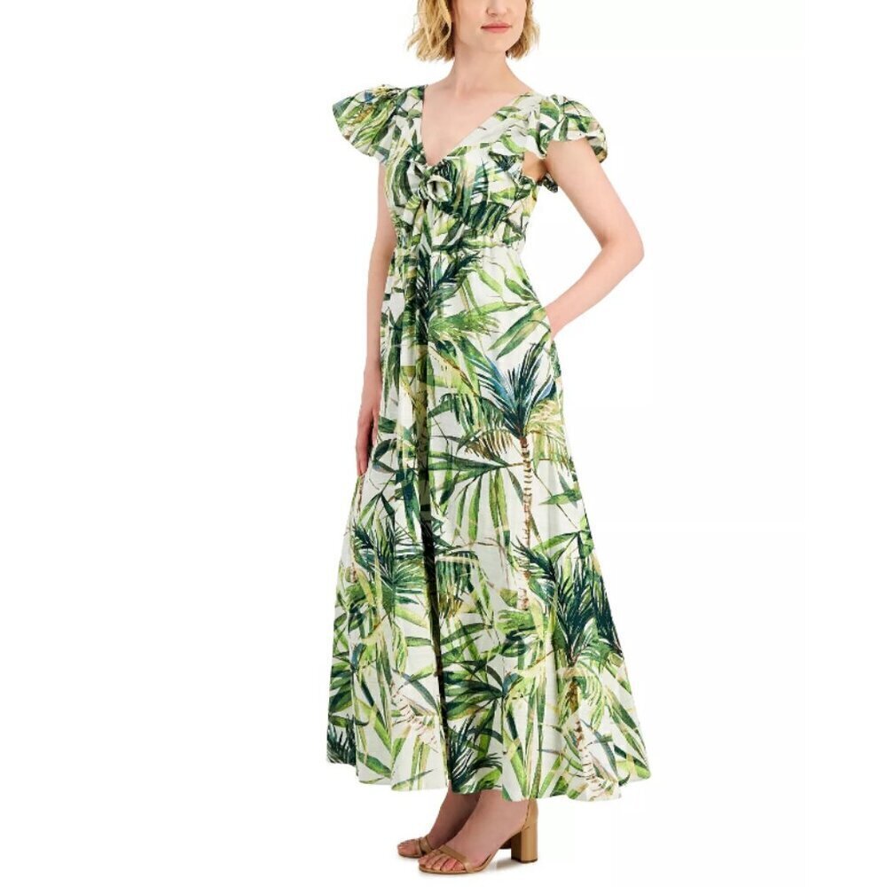 TAYLOR Cotton Printed Bow-Tie Maxi Dress, Green & White NWT - Picture 3 of 6